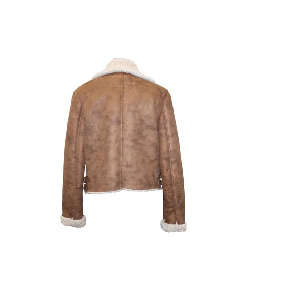 Forever 21 Faux Suede Shearling Aviator Jacket Women Size L EUC Brown Moto Biker - Picture 4 of 6